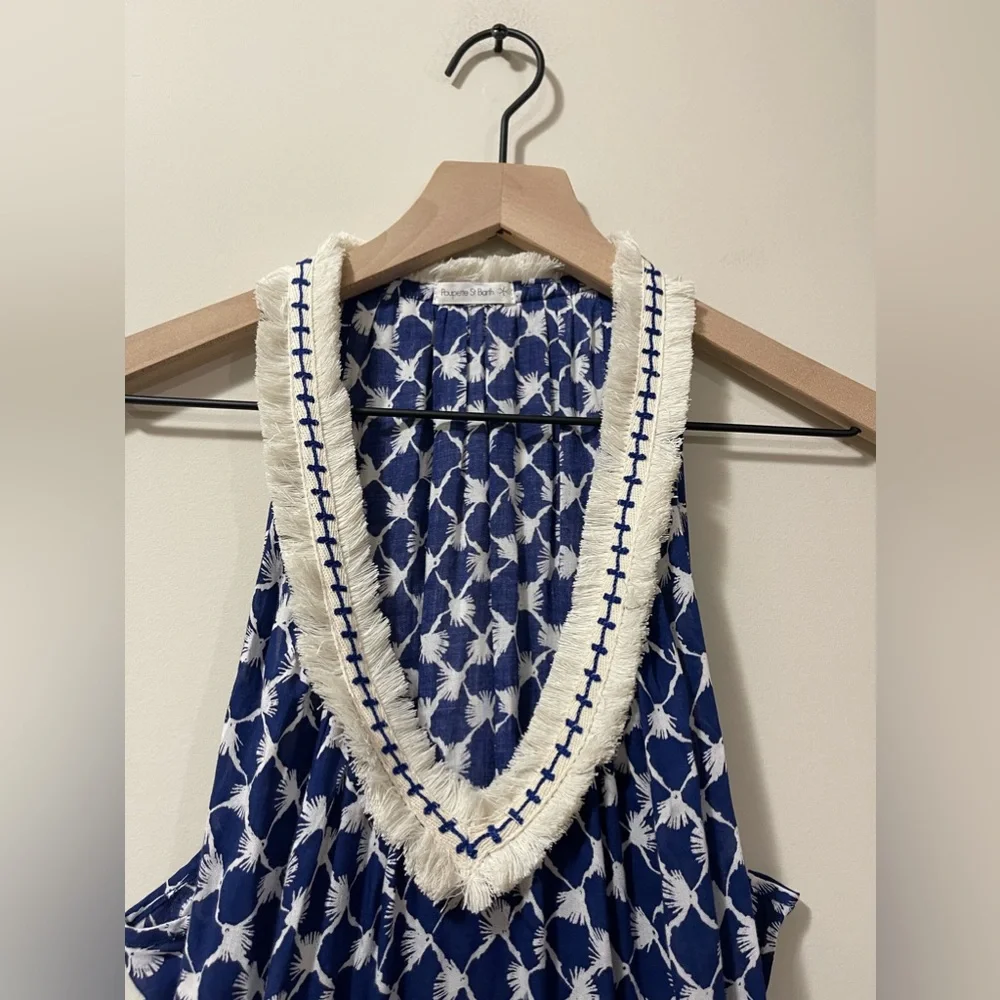 Poupette St Barth Blue & Cream Fringe Ruffle Fit & Flare Dress Size Small - Picture 7 of 10
